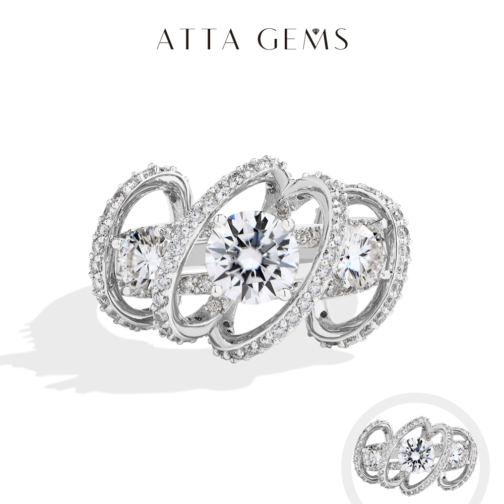 Moissanite Engagement Ring 1 Carat - ATTAGEMS Three-Stone Cluster Moissanite Ring for