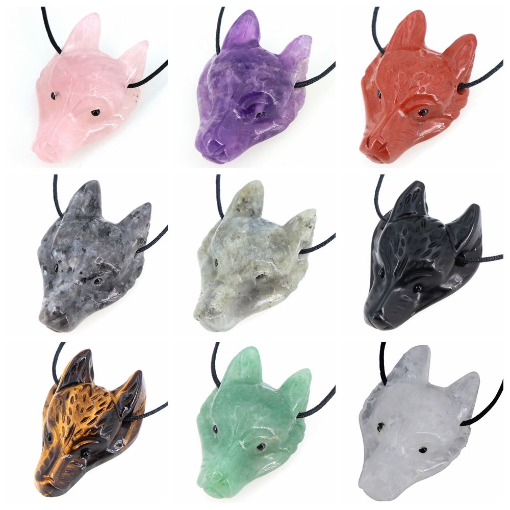Crystal Pendant Necklace Natural Stone - 40mm Wolf Head Stone Pendant Natural