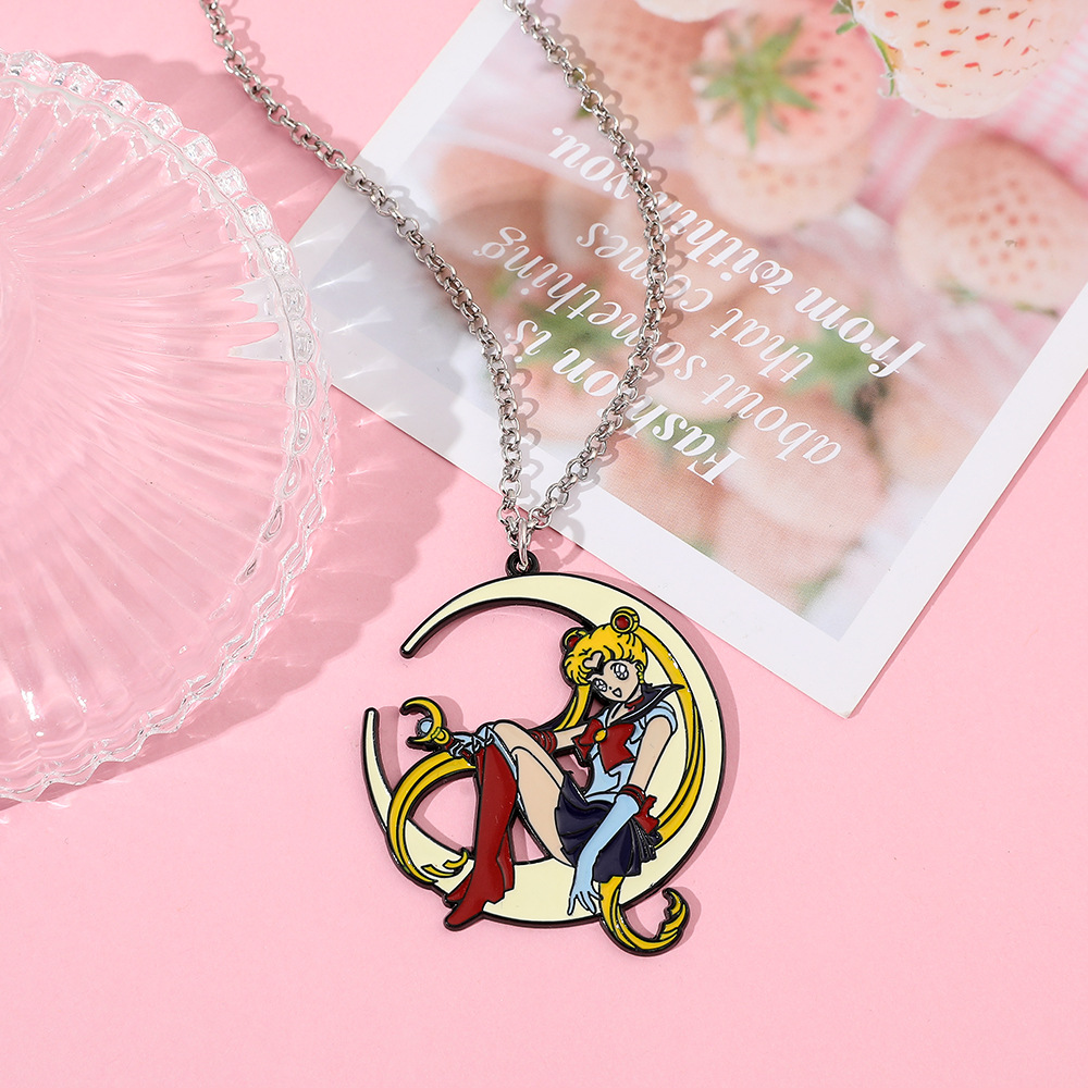 Anime Pendant Necklace - Sweet Anime Metal Enamel Necklace Moon