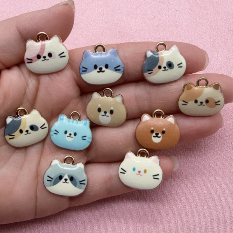Earrings - 12pcs Printed Cat Head Alloy Drip