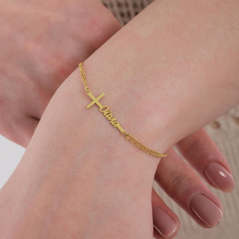 Custom Baptism Name Bracelet P - Cross Pendant Necklace Gold 评论和价格