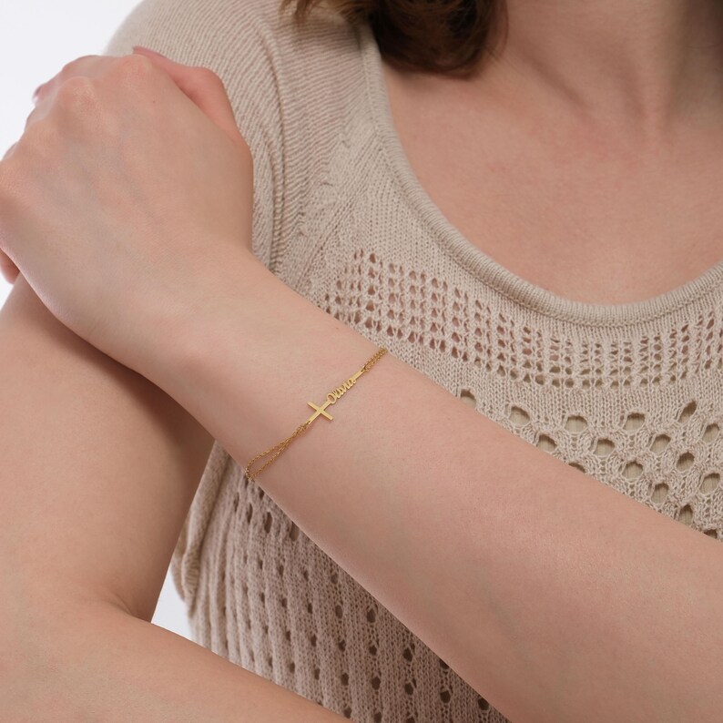 Custom Baptism Name Bracelet P - Cross Pendant Necklace Gold 评论和价格