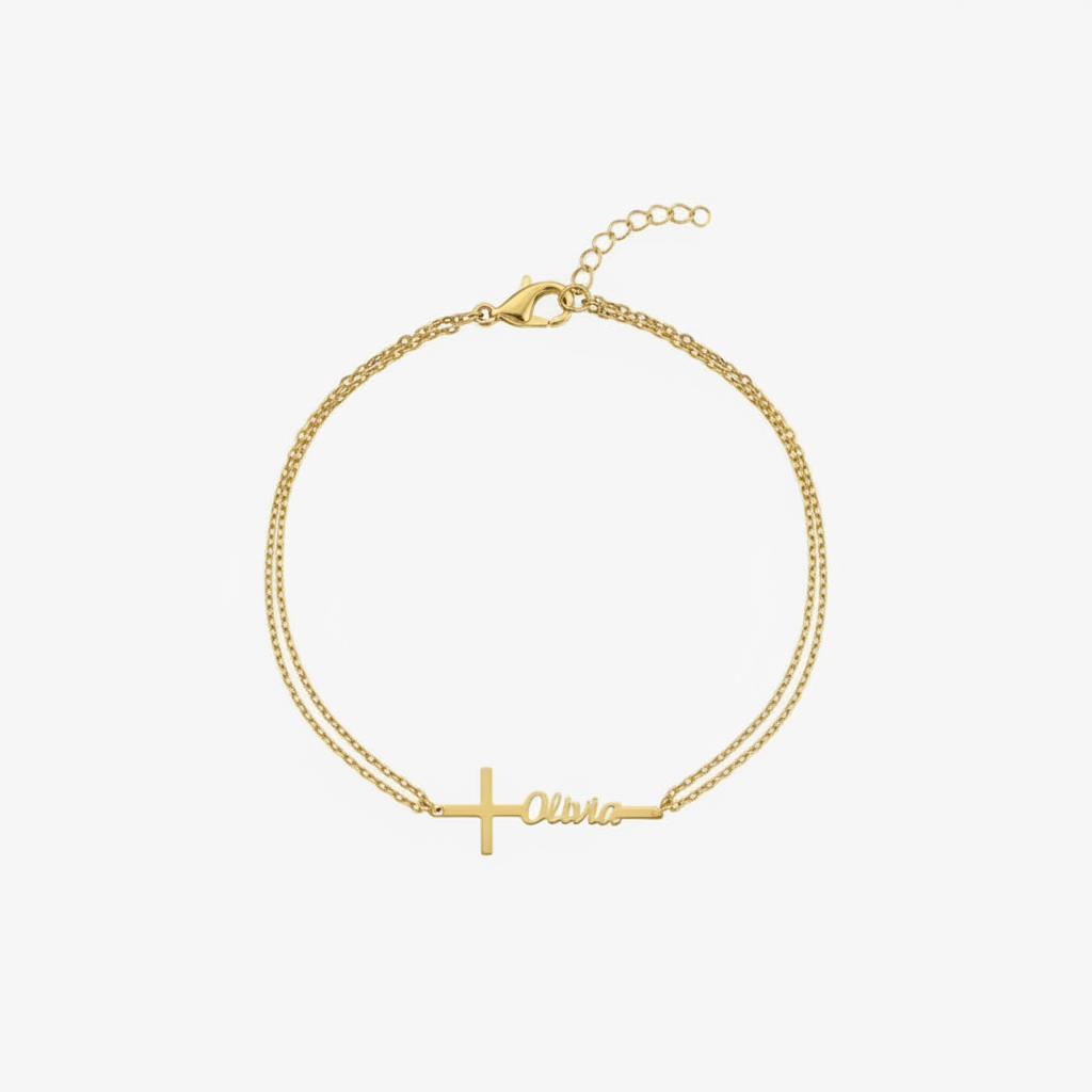 Custom Baptism Name Bracelet P - Cross Pendant Necklace Gold 评论和价格