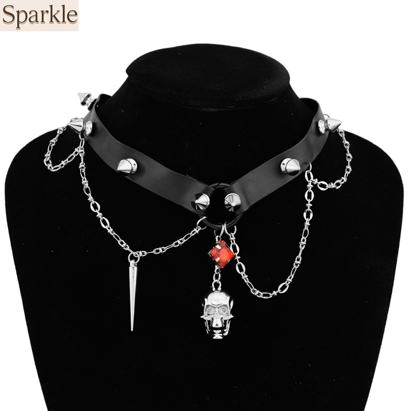Dark Skull Leather Choker, Y2K - Goth Punk Spike Choker 评论和价格