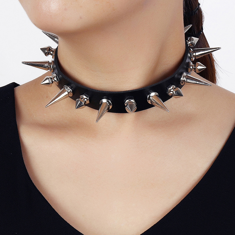 Punk Long Spike Choker Faux Le - Goth Punk Spike Choker 评论和价格