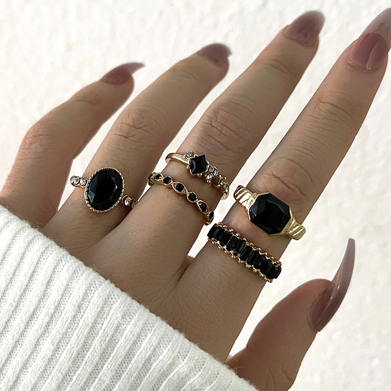 Retro Black Crystal Stone Ring - Vintage Punk Knuckle Rings Set 评论和价格