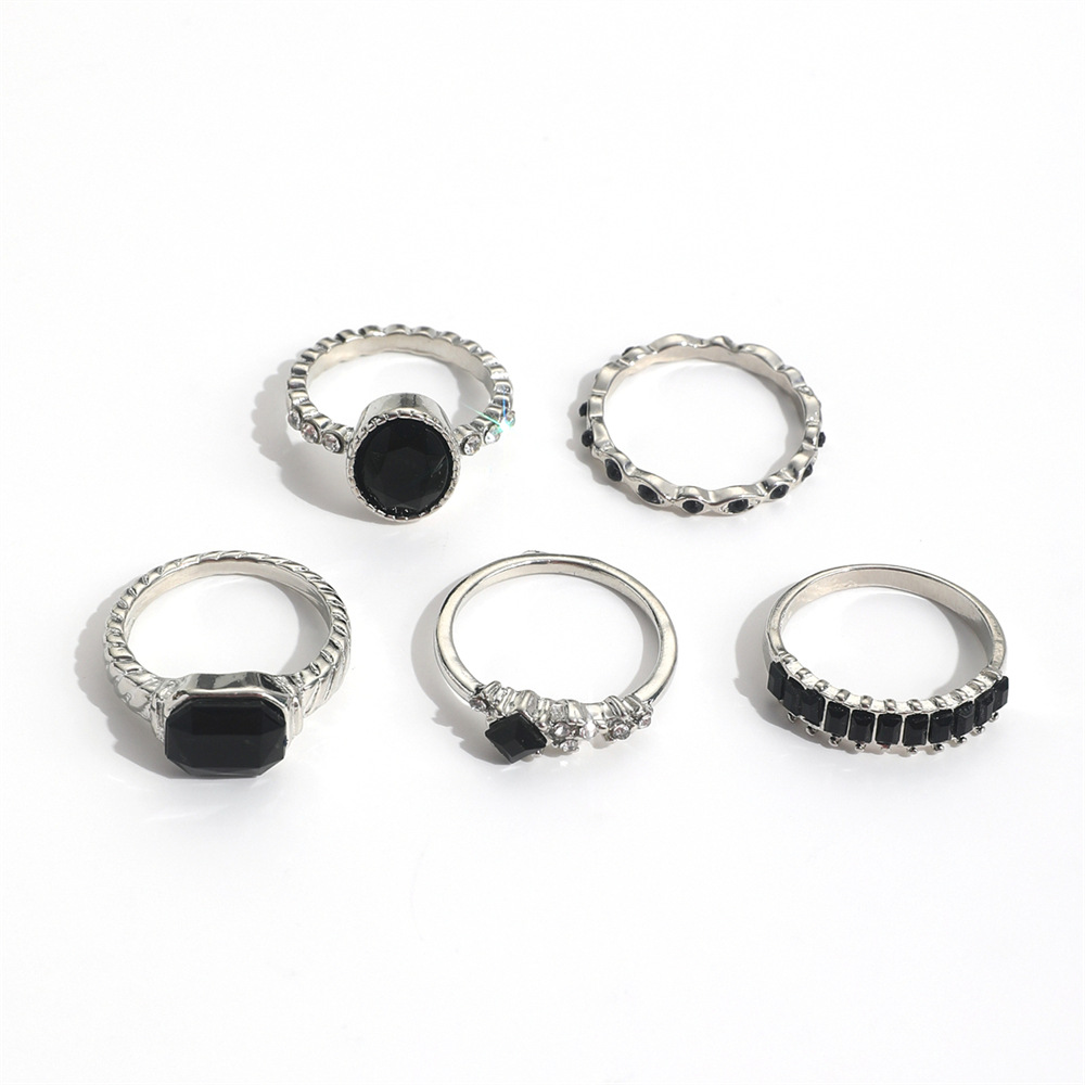 Retro Black Crystal Stone Ring - Vintage Punk Knuckle Rings Set 评论和价格