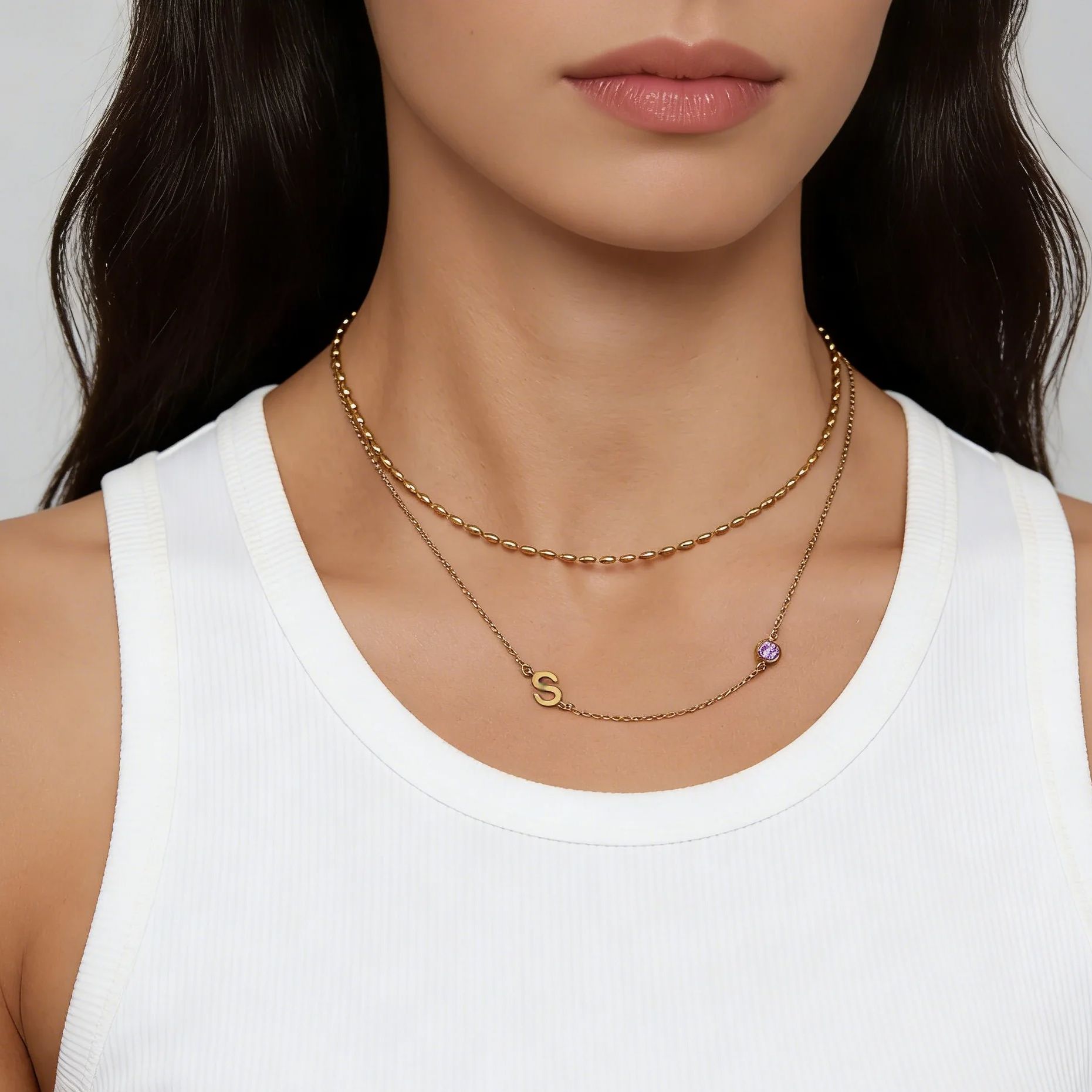 Side Set Initial Birthstone Ne - Initial Letter Necklace 18K Gold 评论和价格
