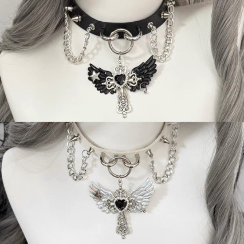 Gothic Subculture Angel Wing C - Layered Pendant Necklace Aesthetic 评论和价格
