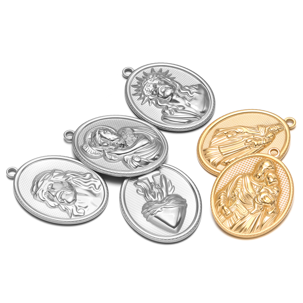 5pcs Stainless Steel Gold Oval - Cross Pendant Necklace Gold 评论和价格